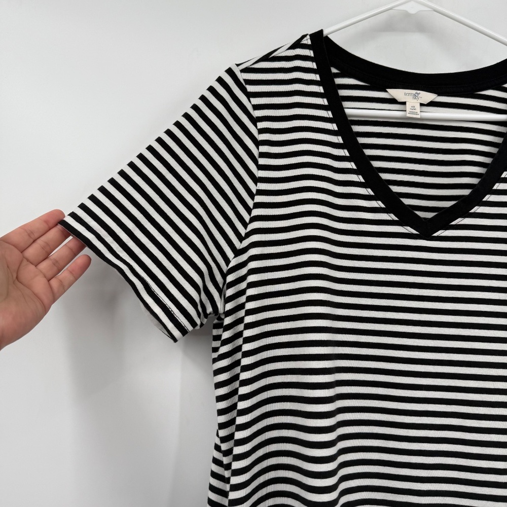 Terra Sky Dress Women 0X Black White Stripes T Shirt V Neck Short Sleeve Pockets - Picture 2 of 13
